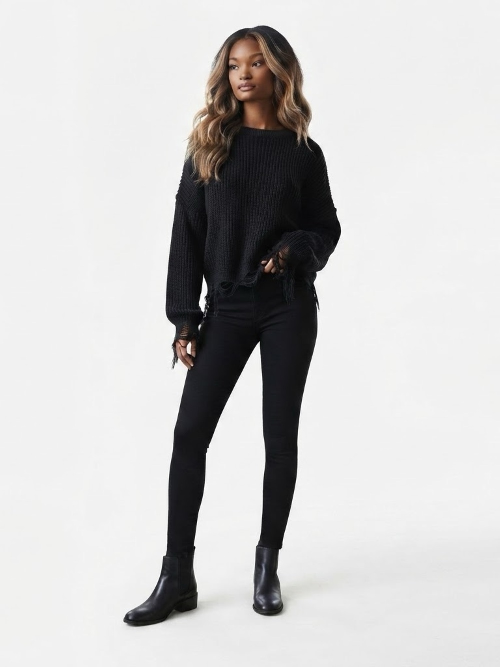 Forever 21 Black Distressed Cropped Sweater